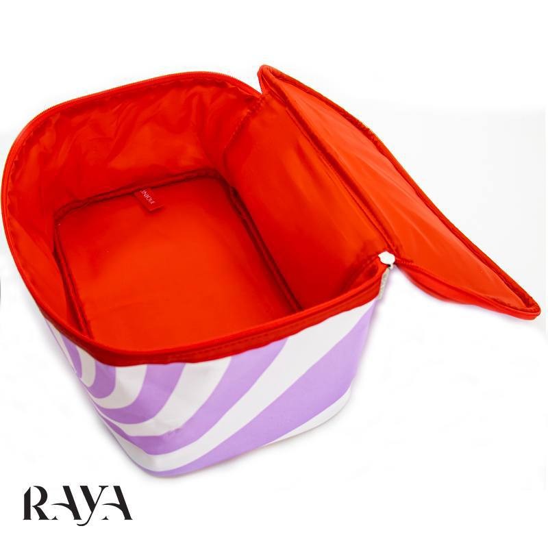 کیف لوازم آرایشی صندوقی و پارچه ای سفید و بنفش با زیپ قرمز کلینیک