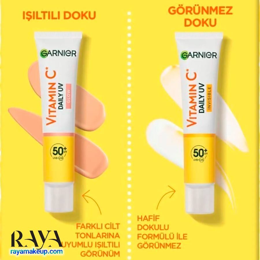 کرم ضد آفتاب فلوئیدی رنگی ویتامین C گارنیه Garnier C Vitamini Parlak Işıltılı Doku Günlük Güneş Koruyucu Fluid Yüz Kremi SPF50+