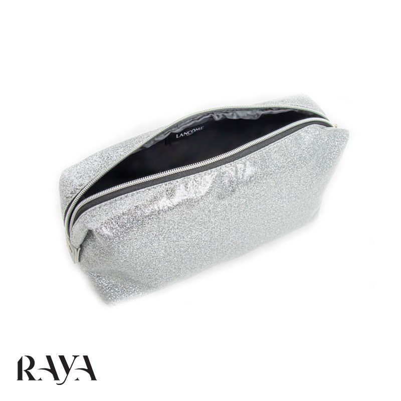 کیف لوازم آرایشی نقره ای براق و درخشان لانکوم  Lancome Silver Glitter Cosmetics Makeup Bag