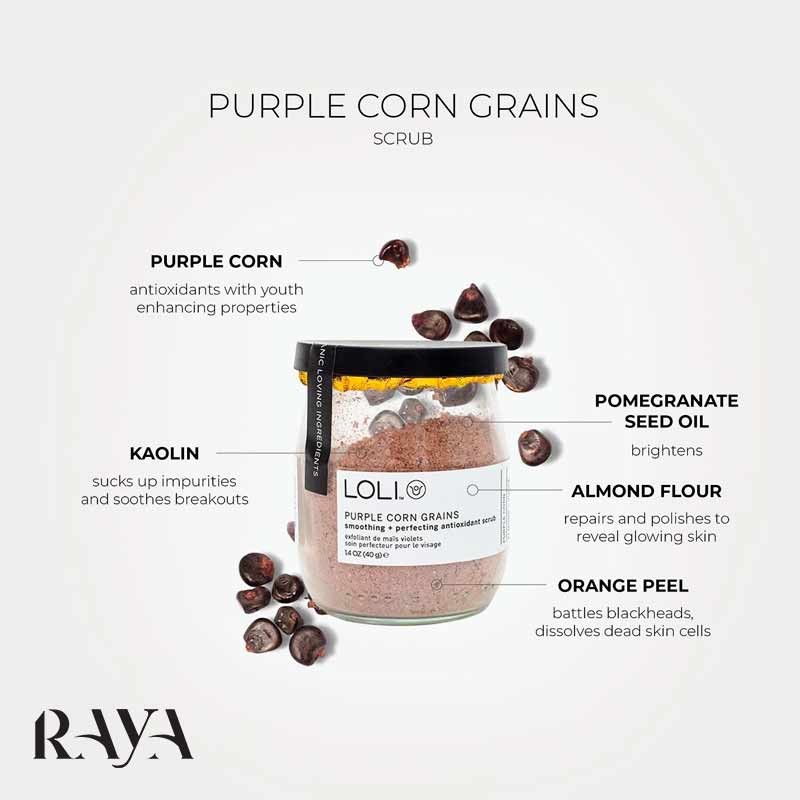اسکراب لایه بردار ارگانیک صاف و روشن کننده پوست حاوی دانه های ذرت بنفش لولی Loli Purple Corn Grains Organic Smoothing + Perfecting Antioxidant Scrub