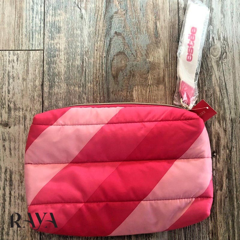 کیف لوازم آرایشی پفی و راه راه صورتی استی لادر Estee Lauder pink stripe Travel Wash Makeup Bag