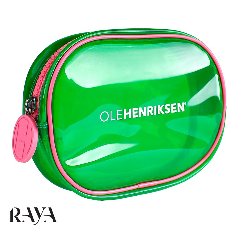 کیف لوازم آرایش سبز شفاف با زیپ صورتی اوله هنریکسن Ole Henriksen Clear Green Vinyl with Pink Trim Makeup Bag Zipper Zip Up