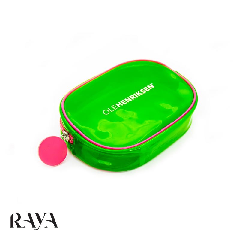 کیف لوازم آرایش سبز شفاف با زیپ صورتی اوله هنریکسن Ole Henriksen Clear Green Vinyl with Pink Trim Makeup Bag Zipper Zip Up