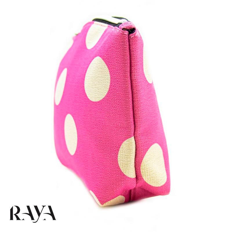 کیف لوازم آرایش لانکوم صورتی و توپی سفید Lancome cosmetic pink bag with white balls